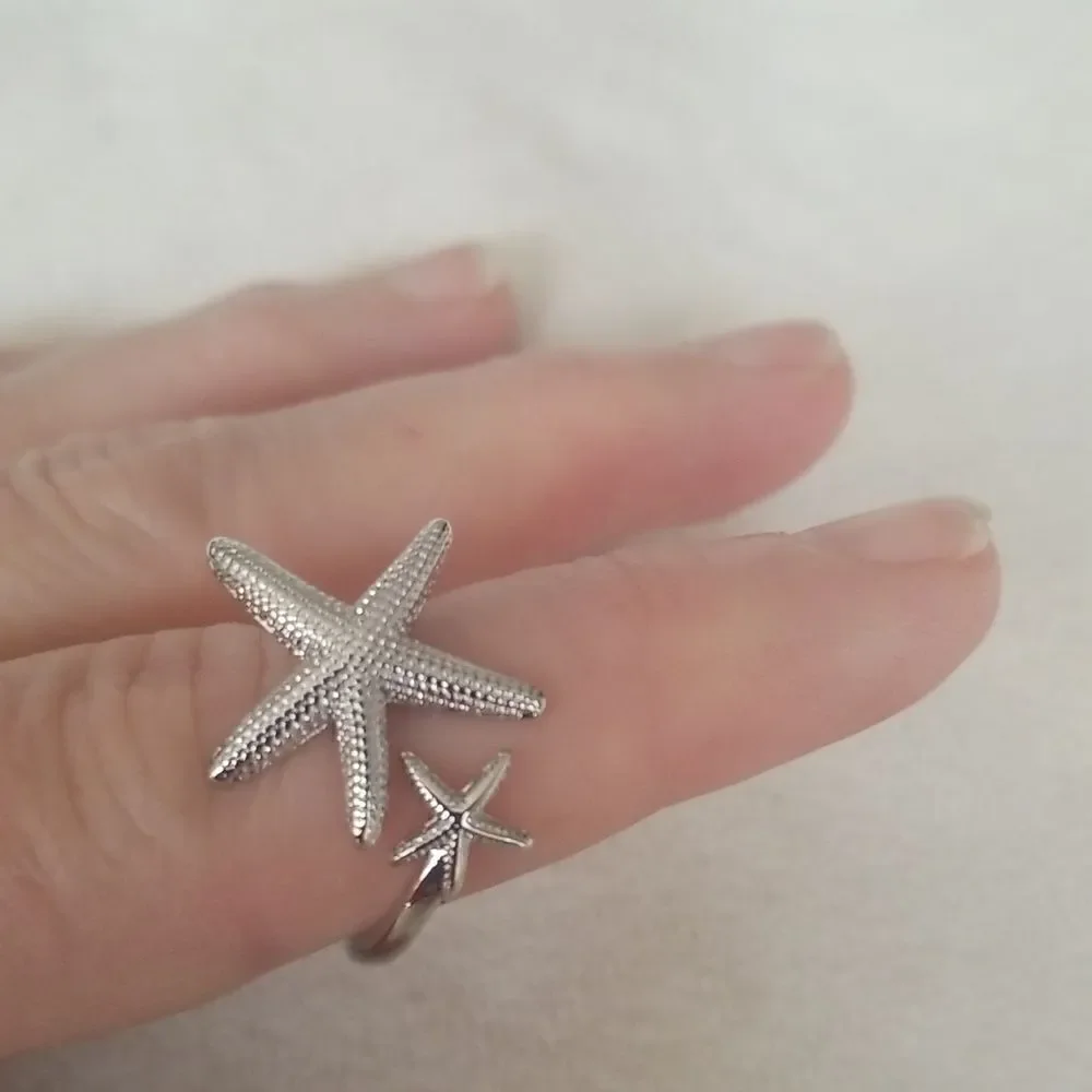 Starfish cuff ring silvertone